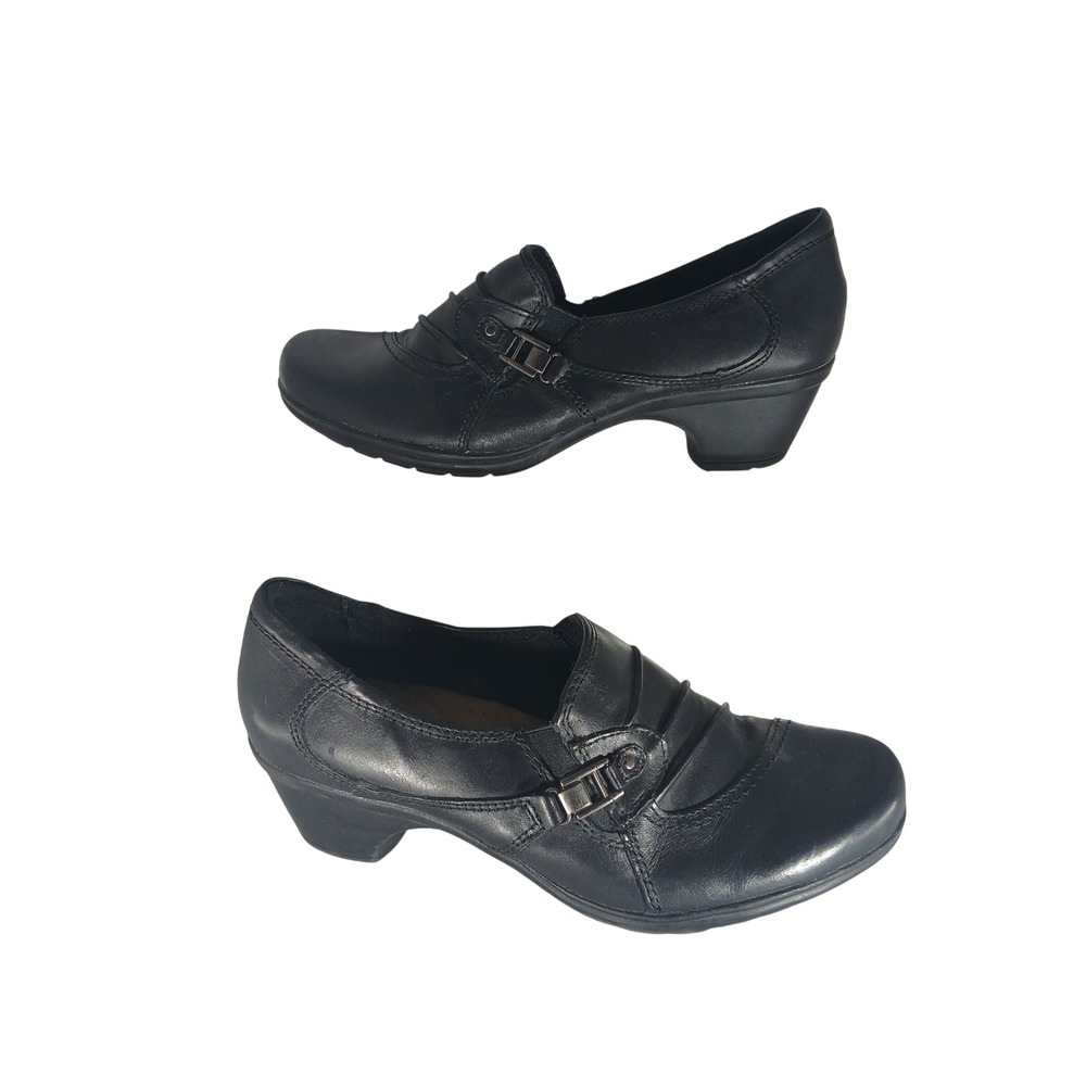 Earth Origins Roxanne Slip On Shoes 8.5M Black Leather Pleated Block Heel Pump